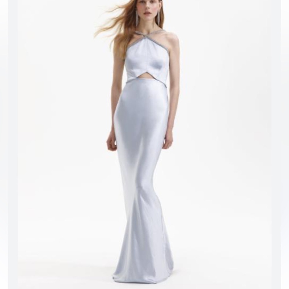 Self Portrait Diamante Maxi Dress Pale Blue Elegant Silver Halter gown $650 2